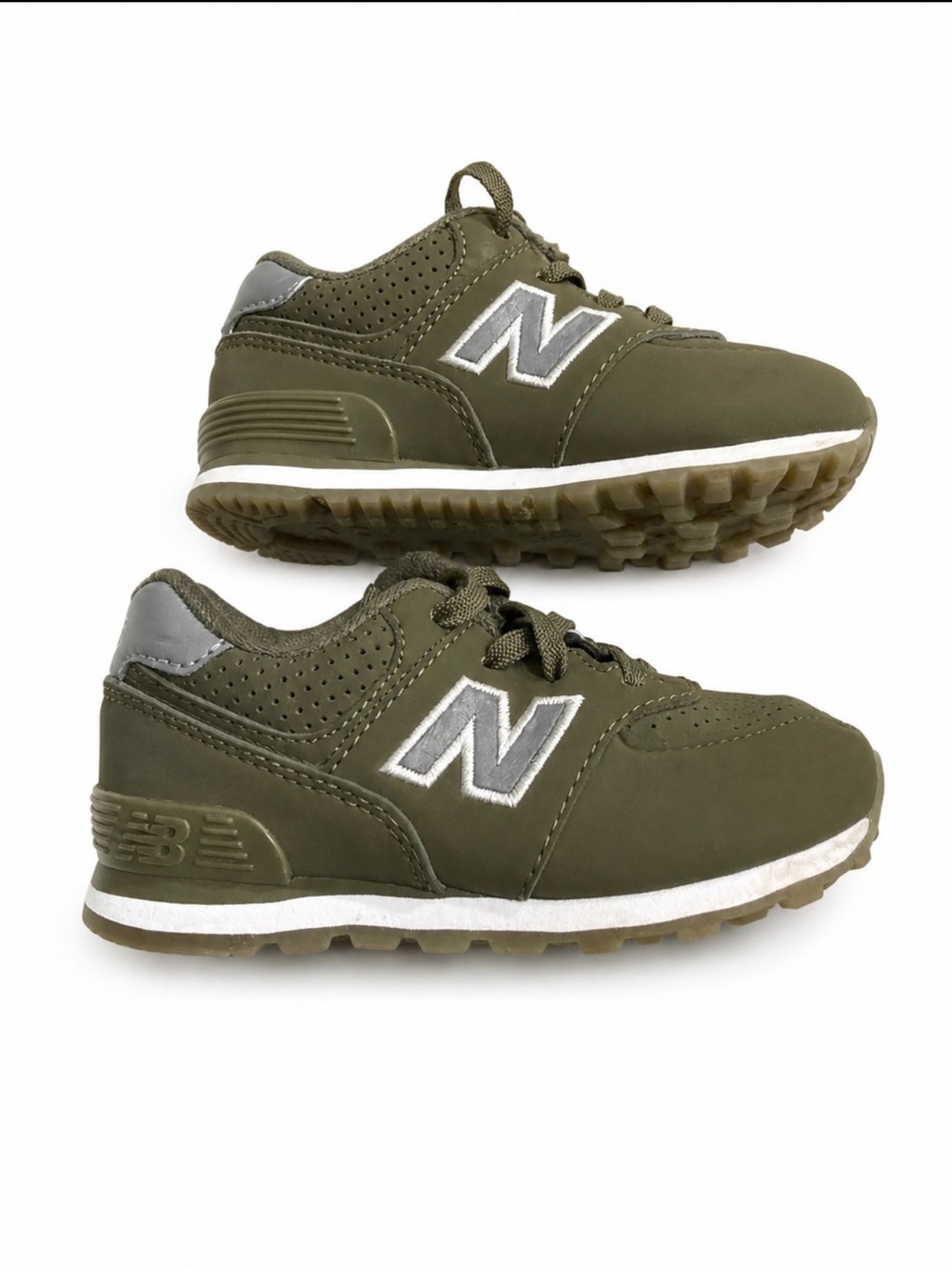New Balance Kids Olive Green Lace-Up Athletic Sneakers with Silver Accent